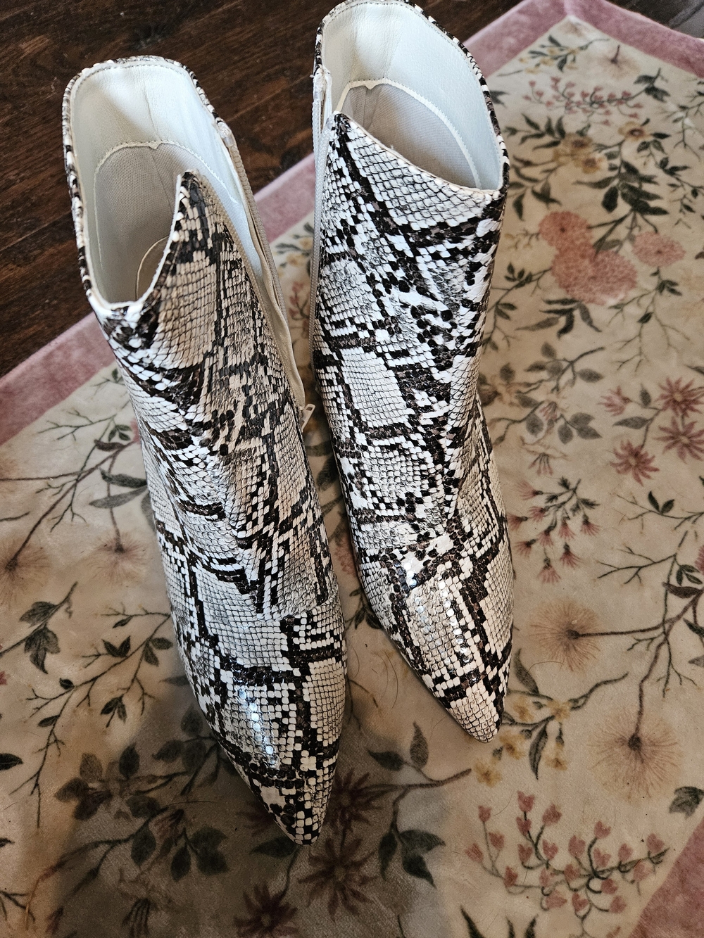 Sugar Black & White Snake-Print Pointed Ankle Boots
